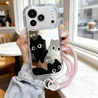 เคสไอโฟน ป้องกันเลนส์ ลายแมวดำสองตัวน่ารัก มีขาตั้ง สายคล้องชมพู iPhone11 13 15 17ProMax พร้อมส่งJHJMNYK73