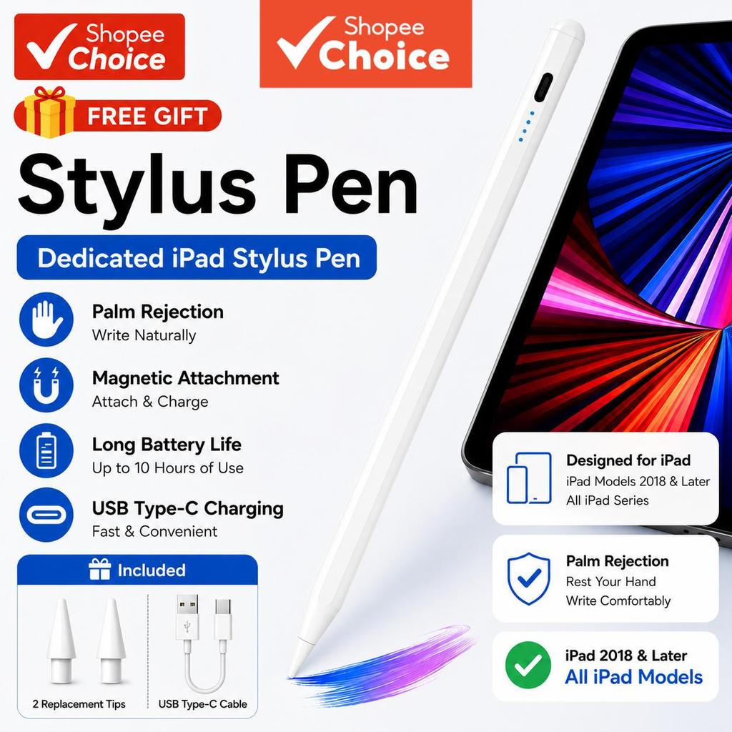 ปากกาสไตลัสแอคทีฟพร้อมการปฏิเสธฝ่ามือ รองรับกับ iPad ทุกรุ่นหลังปี 2018 เหมาะสําหรับการวาดและจดโน้ตแบบสัมผัส