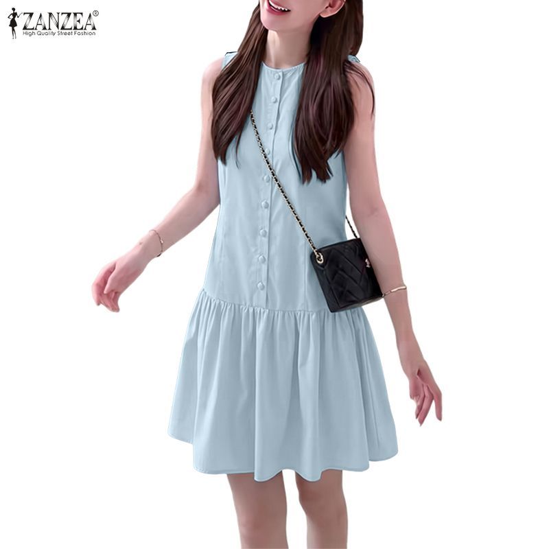 ZANZEA ใส่ ซานเซีย ผู้หญิงเกาหลีสบายๆเย็บปะติดปะต่อกันปุ่มแข็งจีบ โอ-คอแขนกุดชุดหลวม