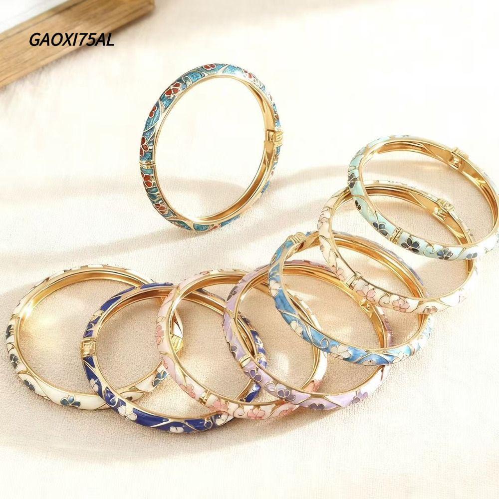 GOXI75AL กําไลข้อมือดอกไม้เคลือบ, สไตล์จีน Handmade Open Cuff สร้อยข้อมือ, Vintage Elegant Gold Plated สีสัน Dainty เครื่องประดับผู้หญิง