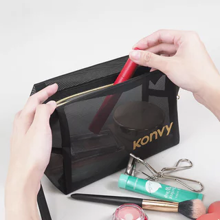 Konvy Mesh Square Octagon Bag คอนวี่ กระเป๋าเครื่องสำอางแบบตาข่ายโปร่งใส ทรงสี่เหลี่ยม สีดำ.