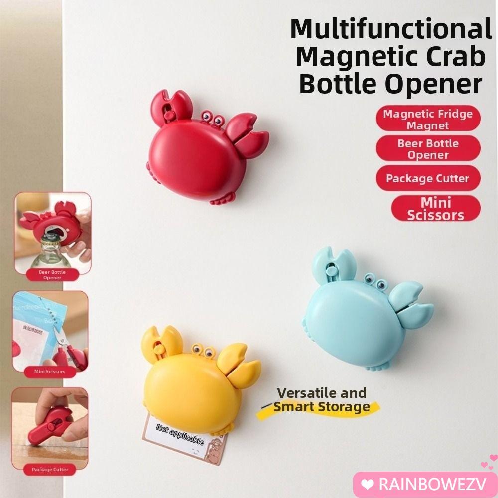 RAINBOWEZV ที่เปิดขวดแม่เหล็ก, การ์ตูนปู 4-in-1 Crab ที่เปิดขวด, Creative พร้อม Mini Scissors & Box 