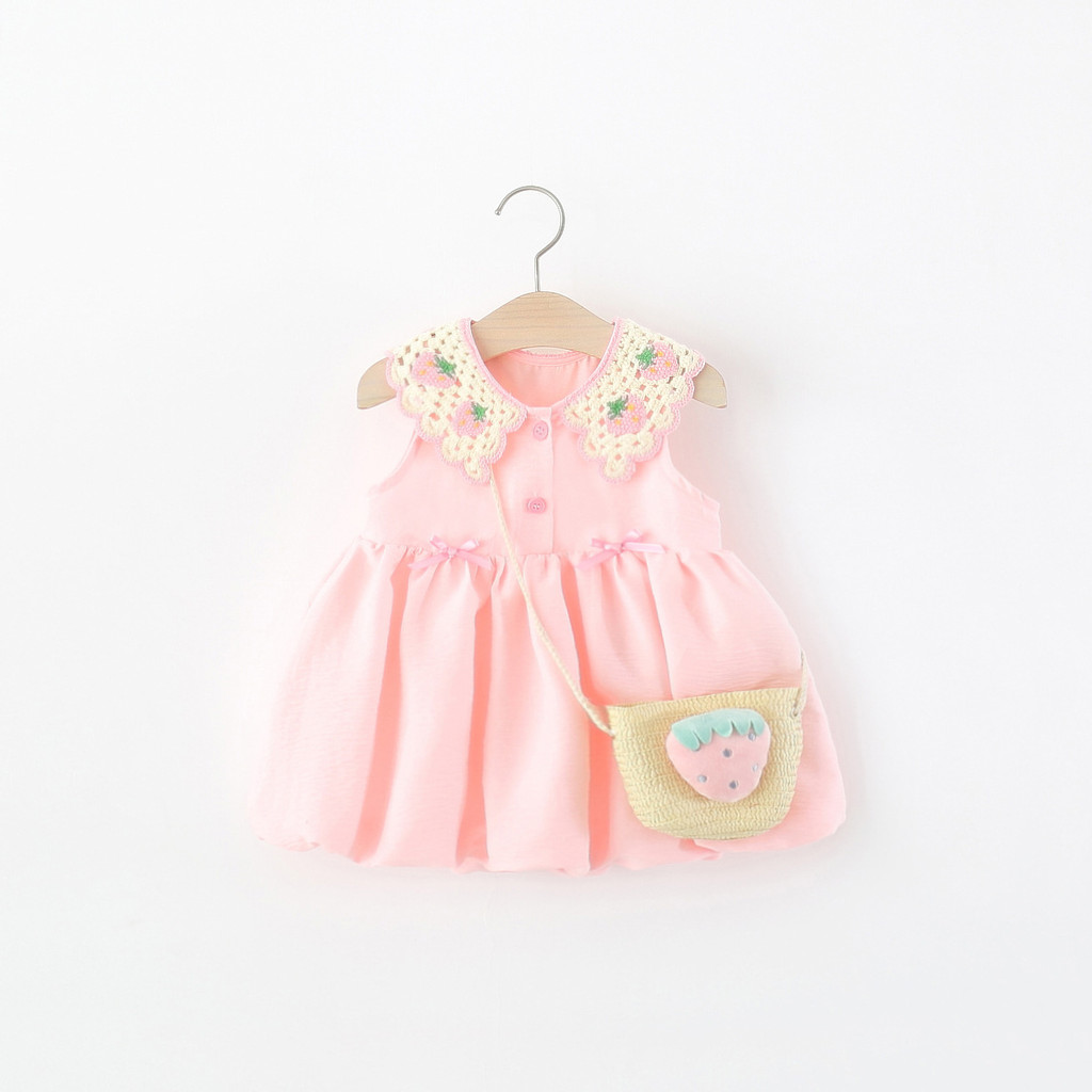 สาวฤดูร้อนลูกไม้กลวงเย็บปักถักร้อยสตรอเบอร์รี่ปกสองด้านสีชมพูซาตินโบว์หลวมดอกไม้หน่อสั้นเด็กหวานชุด