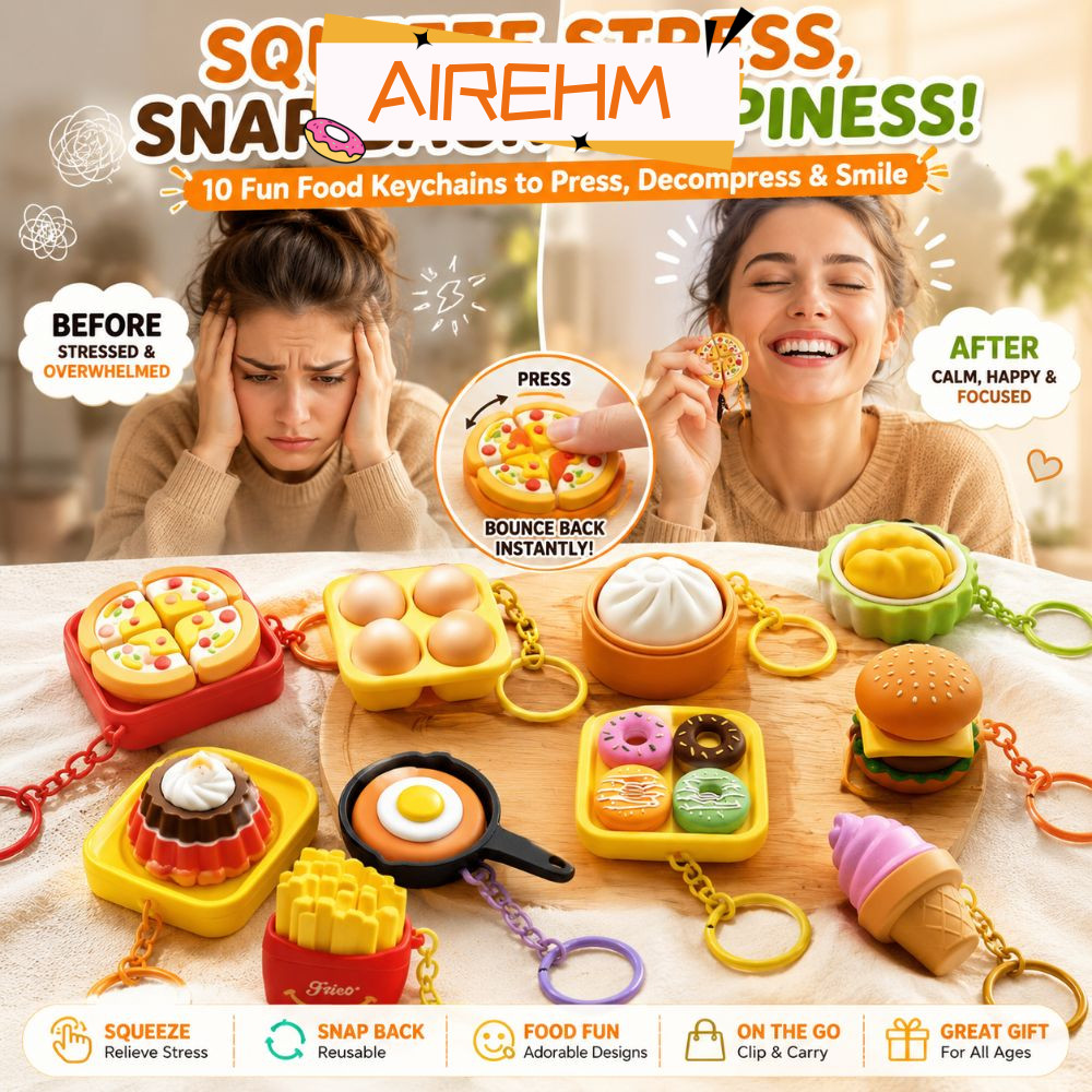 AIRE1HM Anti-stress ของเล่นจี้,พิมพ์การ์ตูน Calming พวงกุญแจคีย์,ตลกปุ่มนิ้วมือพิซซ่าไข่กระเป๋า Charms Foods Clicker Key Chain เด็กผู้ใหญ่