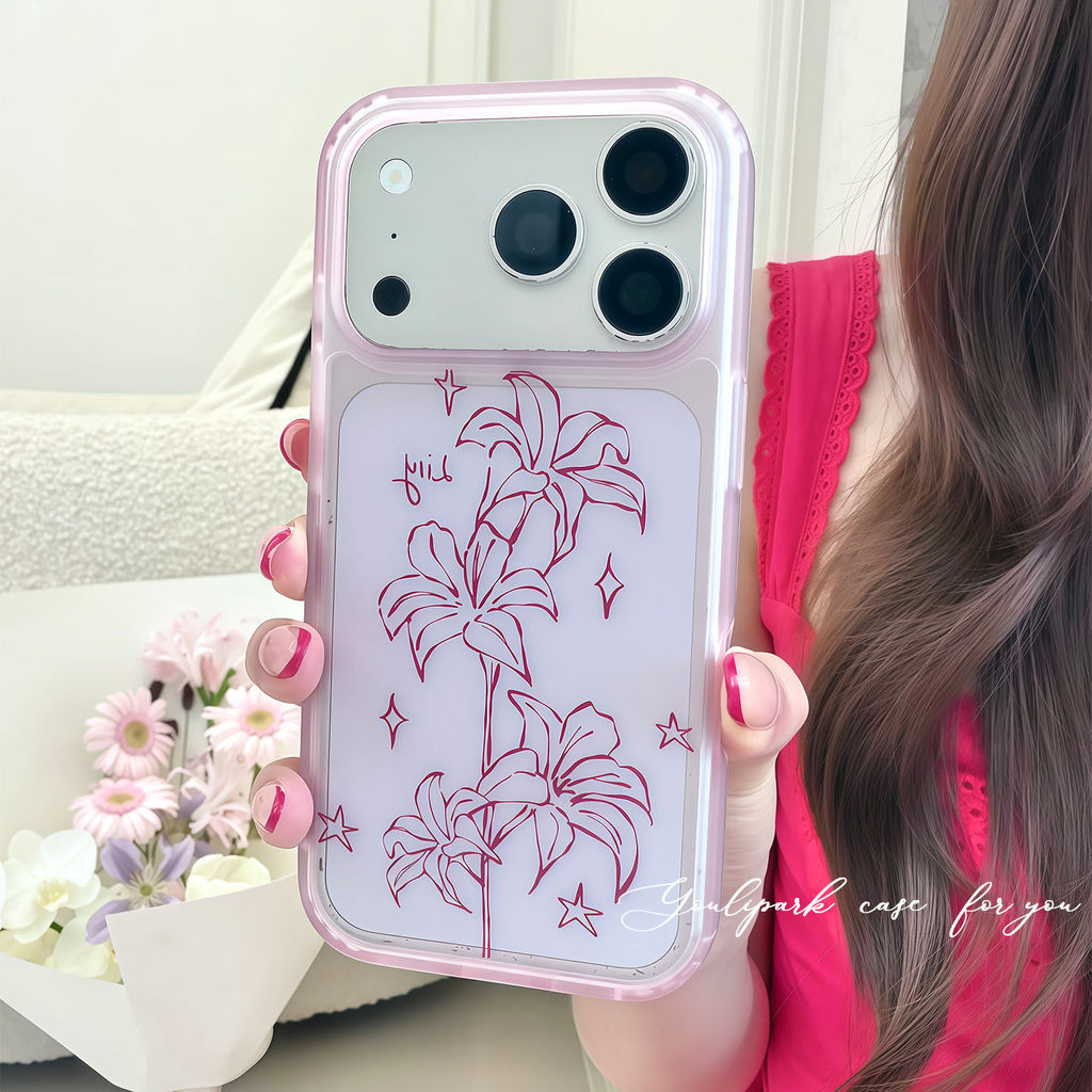 Huiwanju Simple girlish โปร่งแสงสีชมพูสาย lily เหมาะสําหรับกรณี iPhone 17 Pro Max, iPhone 16/14/16 Pro Max เคสป้องกัน 13