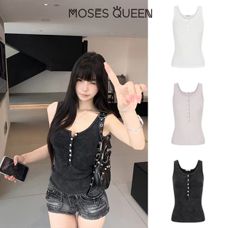 MOSESQUEEN โมเสสควีน เสื้อคล้องคอติดกระดุมทุกข์ย้อนยุคสไตล์อเมริกันสําหรับผู้หญิงใส่เป็นเสื้อตัวนอกดีไซน์คอยูไม่มีเส้น #63903
