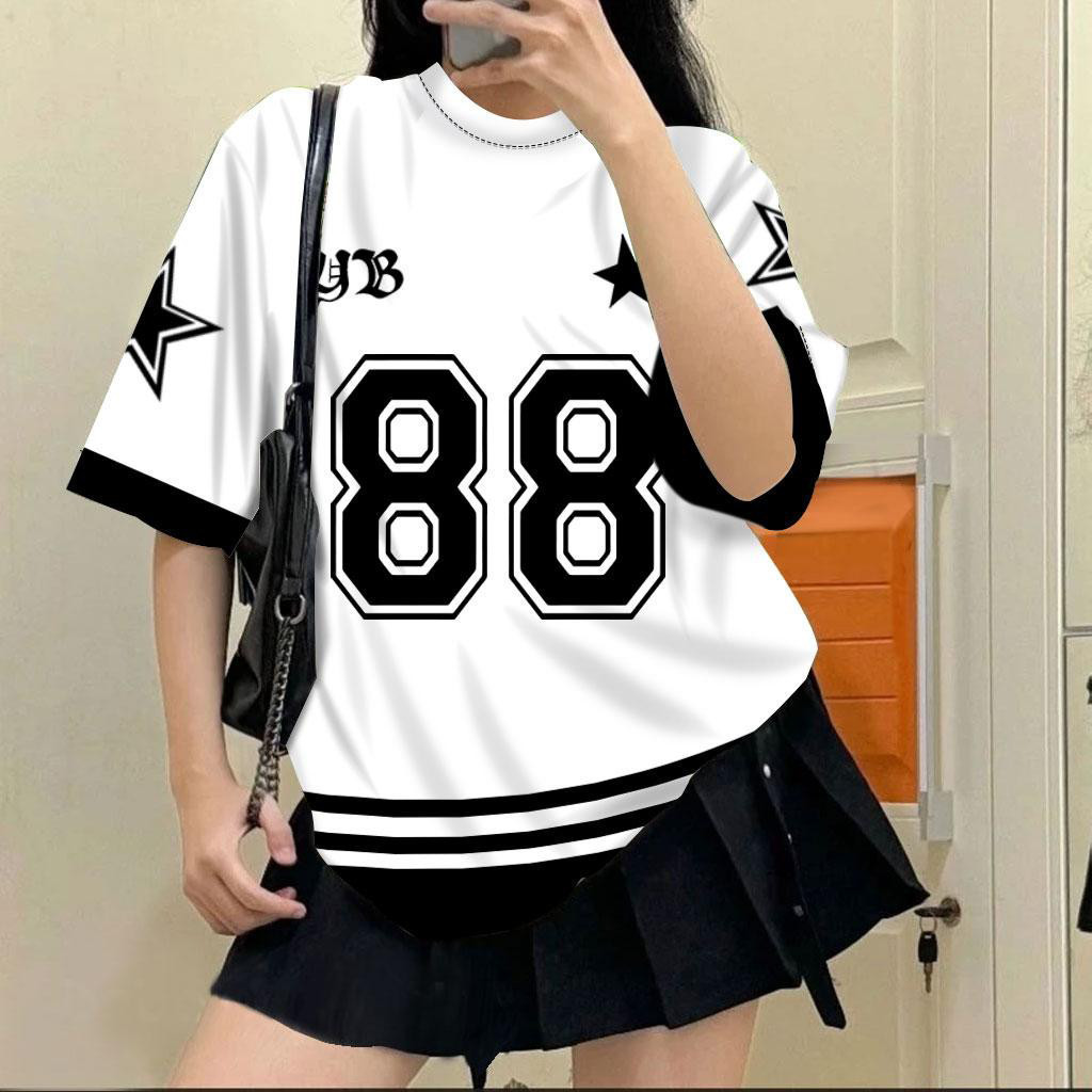 Y2K 88 Star ขนาดใหญ่รูปแบบ T เสื้อผู้หญิง Street สวมใส่ Retro ความงาม Crop Top แฟชั่นเกาหลี 3D โพลีเ