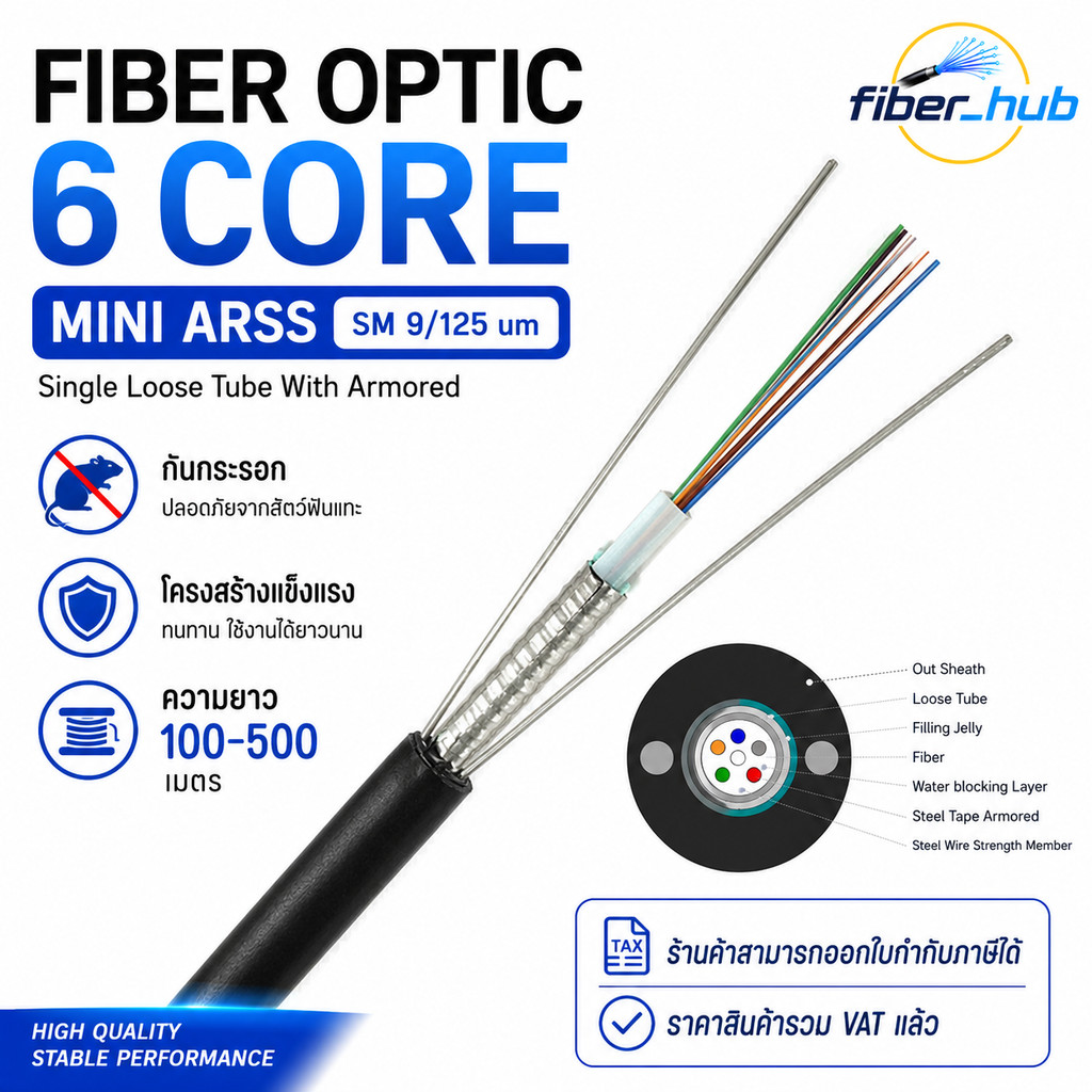 ยาว 100-500 เมตร สายไฟเบอร์ กันกระรอก 6 คอ fiber optic 6 Core MINI ARSS SM 9/125um แบบมีสลิง