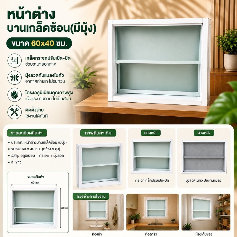 หน้าต่างบานเกล็ดซ้อน ขนาด 60x40 ซม. หน้าต่างระบายอากาศสำเร็จรูป (มีมุ้ง) พร้อมส่ง
