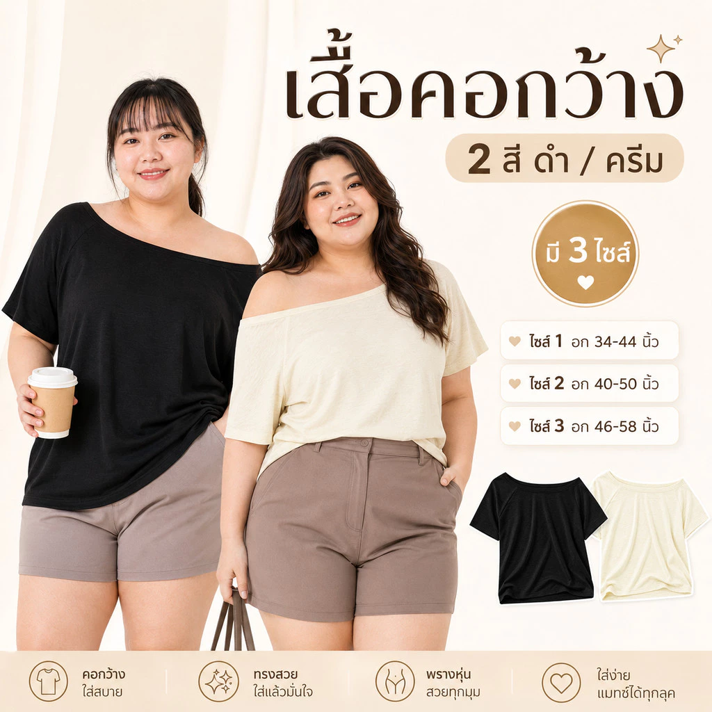เสื้อยืดไซส์ใหญ่คอคว้านลึก อกเริ่มต้น 34-58 ทรงสวยผ้าเนื้อนุ่มยืดหยุ่นดีเยี่ยม โกงหุ่นให้ดูผอมเพรียวไม่ดูตัน