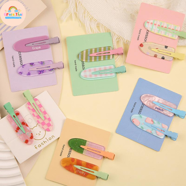 🍒GraceThai🍒 กิ๊บติดผม Set 2 ชิ้น ทรงหยดน้ำ ลายน่ารัก สีสันสดใส แฟชั่นเกาหลี Y2K พร้อมส่ง