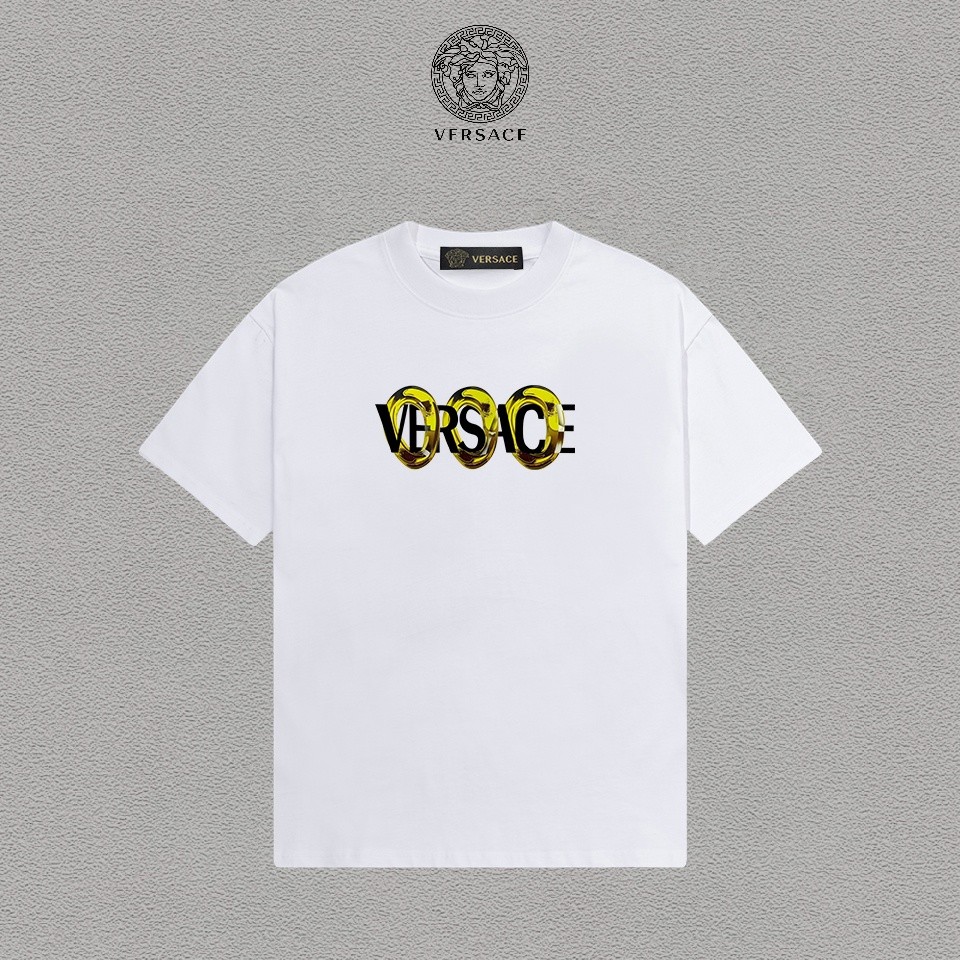 Versace tee/Versace เสื้อยืดพิมพ์แขนสั้นผู้ชายผู้หญิงเสื้อยืดหลวมเสื้อยืดระดับไฮเอนด์รอบคอธุรกิจแขนส