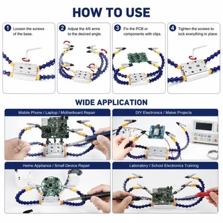 แท่นช่วยจับ PCB 4/6 แขน คลิปปากจระเข้พร้อมแขนปรับรูปทรง ช่วยยึดบอร์ดและสายไฟ สำหรับงานบัดกรีและซ่อมอุปกรณ์