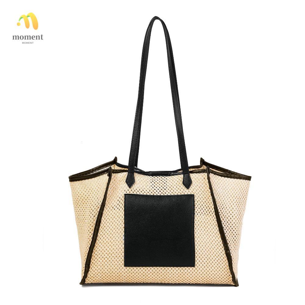 MOMENT กระเป๋าถือ, Mesh Splicing Design Mesh Tote Bag, Fashion Large Capacity Casual Shoulder Bag Be