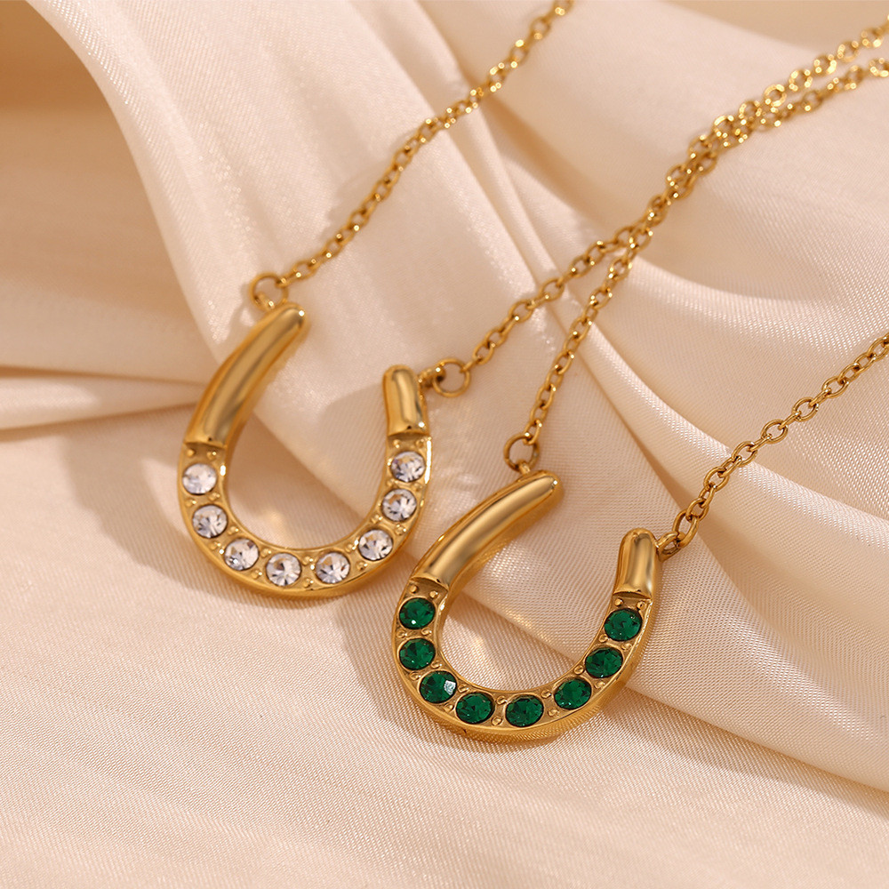สร้อยคอสุภาพสตรี Lucky Horseshoe U-Shaped Diamond-Studded สแตนเลสชุบ 18K Gold ไม่จางหาย