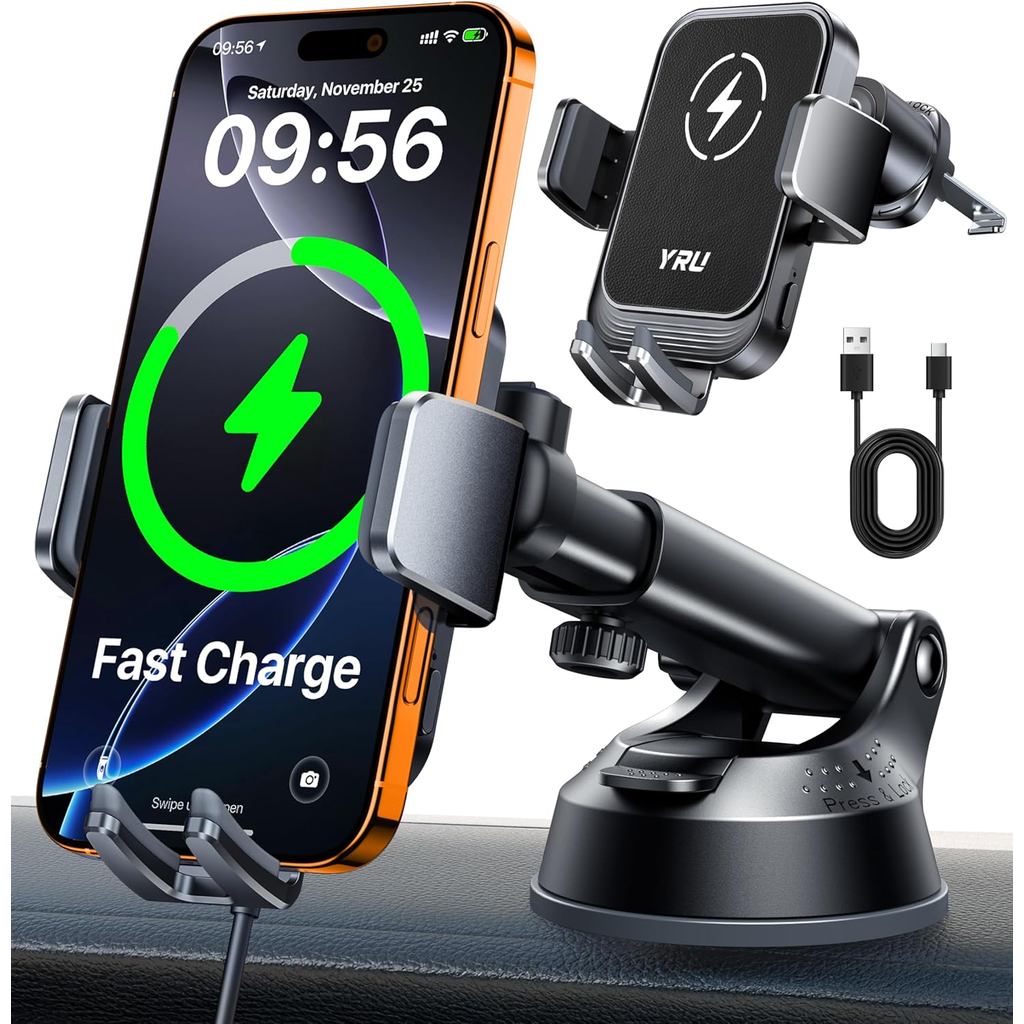 YRU [จริงทหาร-เกรด] Wireless Car Charger Mount, 15W ชาร์จ Auto Clamping Car Phone Holder [98+LBS Str