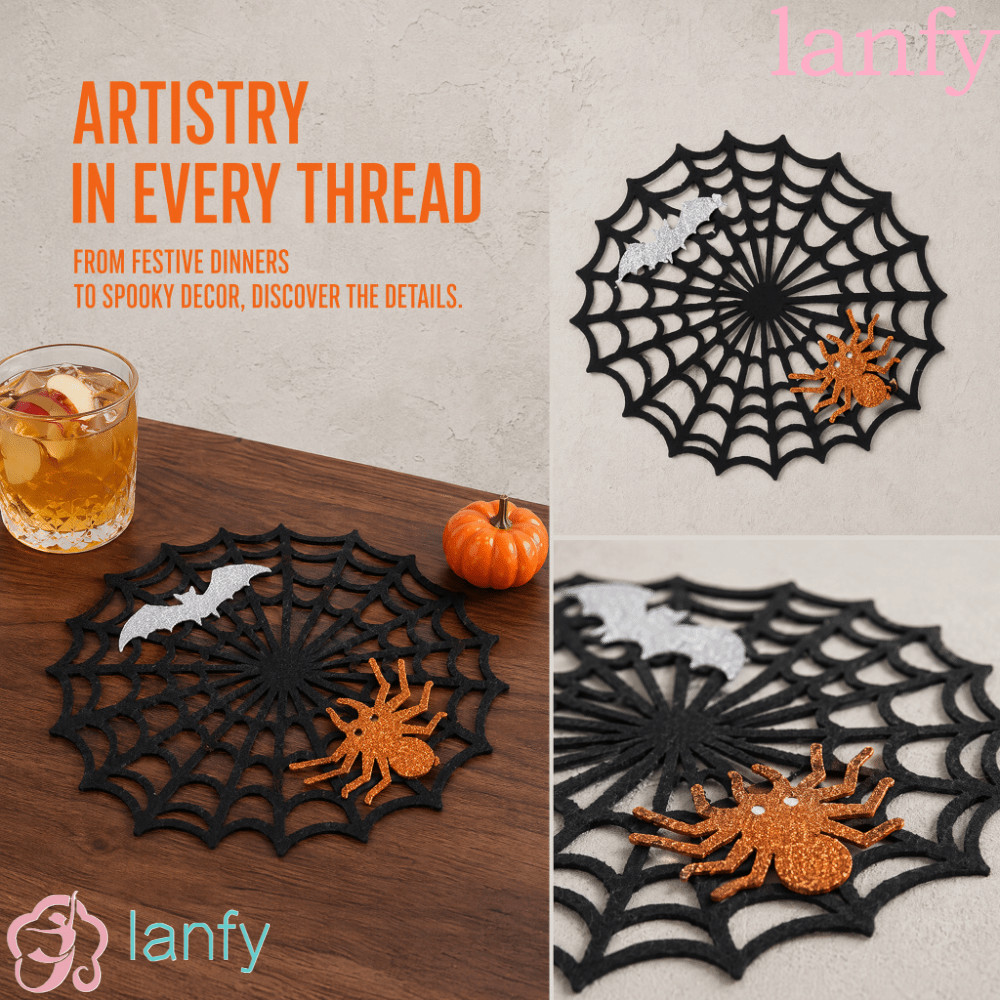 LANFY Spider Web Coaster,กันน้ําHollow Out Halloween Spider Web Placemat,ค้างคาวฉนวนกันความร้อนนุ่มล