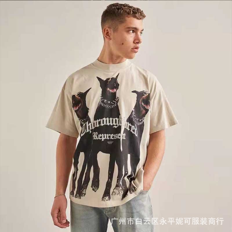 KWSM REPREST Doberman Distressed ล้างแขนสั้น High Street VTG หลวมรอบคอผู้ชายผู้หญิงเสื้อยืด