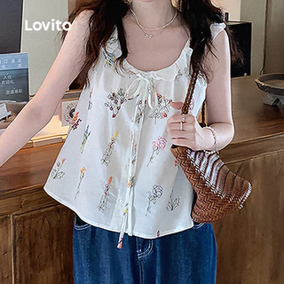 Lovito เสื้อเบลาส์ลําลองผู้หญิงน่ารักเรียบง่ายสําหรับฤดูใบไม้ผลิ/ฤดูร้อน เกาหลี อินเทรนด์ LK5AD700