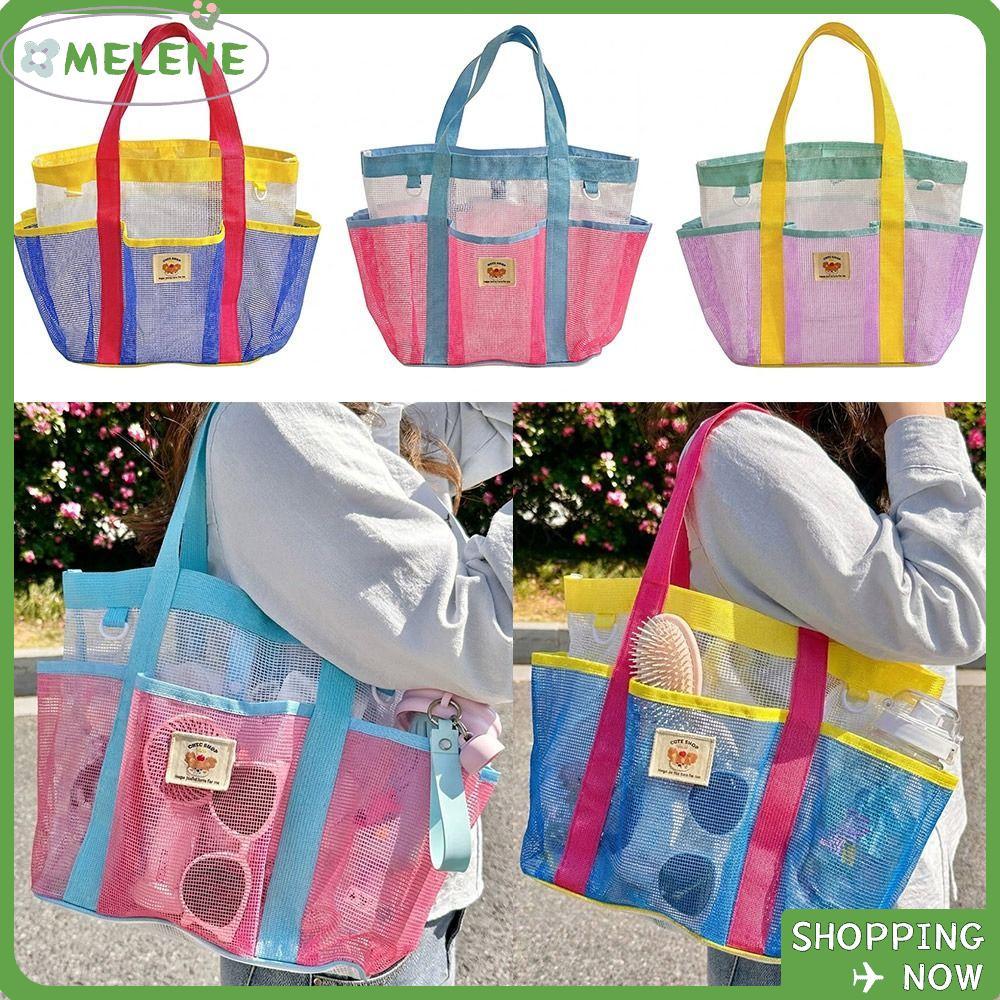 MELENE กระเป๋าชายหาด, กระเป๋าโท้ทตาข่ายแบบพกพาความจุขนาดใหญ่, กระเป๋าอเนกประสงค์ที่ทนทาน, ที่เก็บอุปกรณ์อาบน้ําแบบใช้มือถือ Ba Summer
