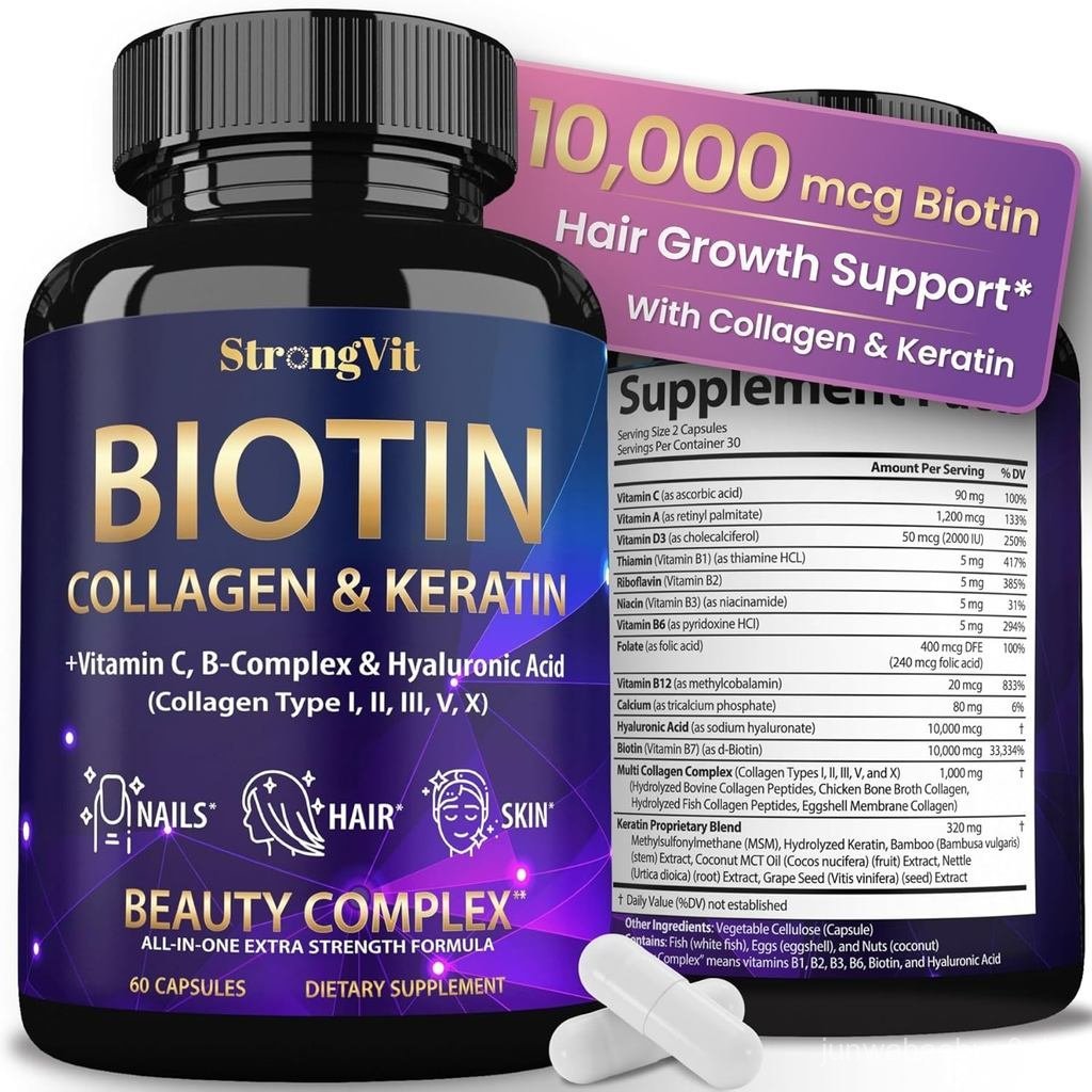 StrongVit Biotin พร้อมกรดไฮยาลูโรนิก Keratin และคอลลาเจน s 10000mcg สําหรับผู้หญิงและผู้ชายผมผิวและเ