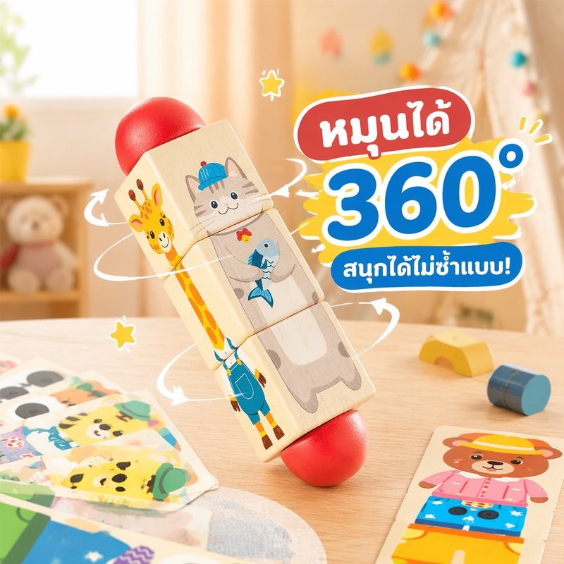 ของเล่นไม้บล็อกหมุน 360 องศา ลายสัตว์ 3D ของเล่นเสริมพัฒนาการ มอนเตสซอรี ฝึกสมอง เด็กเล็ก