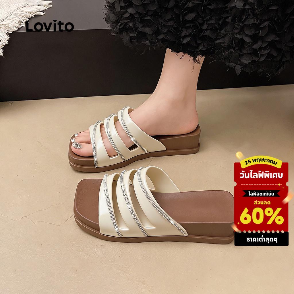 Lovito  รองเท้าแตะแบนลําลองประดับเพชร สายเดี่ยวสีขาวนวลสําหรับผู้หญิง LFA115001