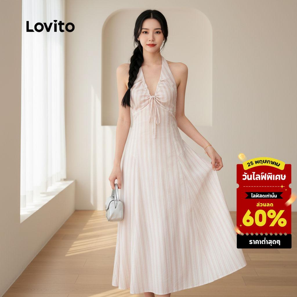 Lovito ชุดเดรสลูกไม้สไตล์ลําลอง สายเดี่ยวเปิดไหล่ ทรงสั้นสําหรับฤดูร้อน สีชมพูอ่อน เกาหลี อินเทรนด์ L159AD567