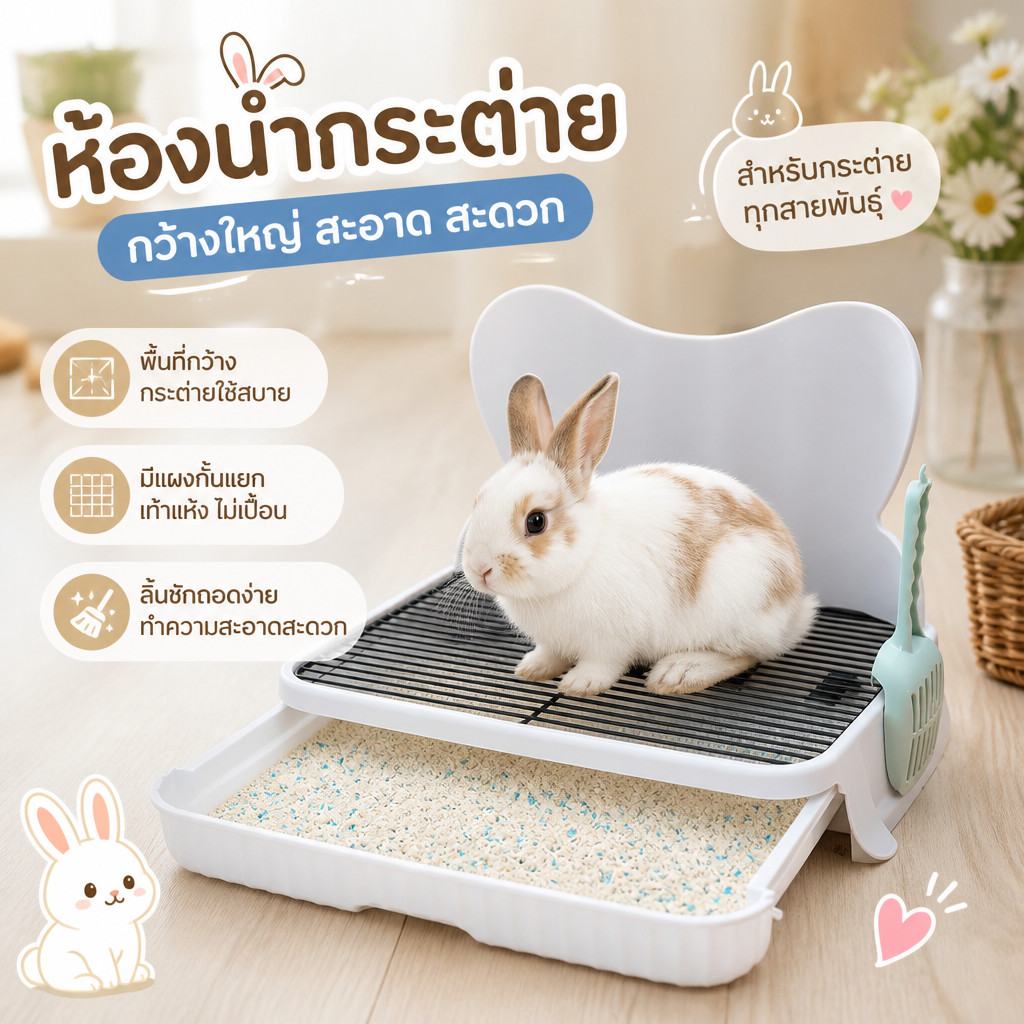 ห้องน้ํากระต่าย ของใช้กระต่าย ลิ้นชักห้องน้ำสัตว์เลี้ยง พื้นที่ขนาดใหญ่ ด้วยแผ่นกั้น ทำความสะอาดง่าย