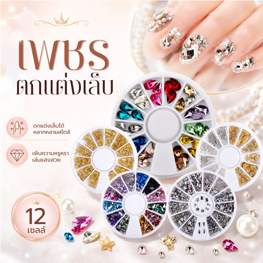 เพชรติดเล็บ เพชรตกแต่งเล็บ เพชรแต่งเล็บ อะไหล่ติดเล็บติดง่าย12 เซลล์