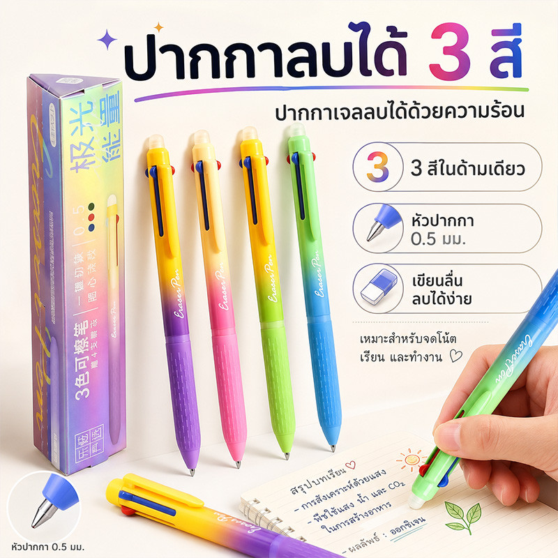 ปากกาเจลลบได้ 3 สีในด้ามเดียว หัว 0.5 มม. เขียนลื่น ลบสะอาด พร้อมไส้รีฟิล 4 แท่ง