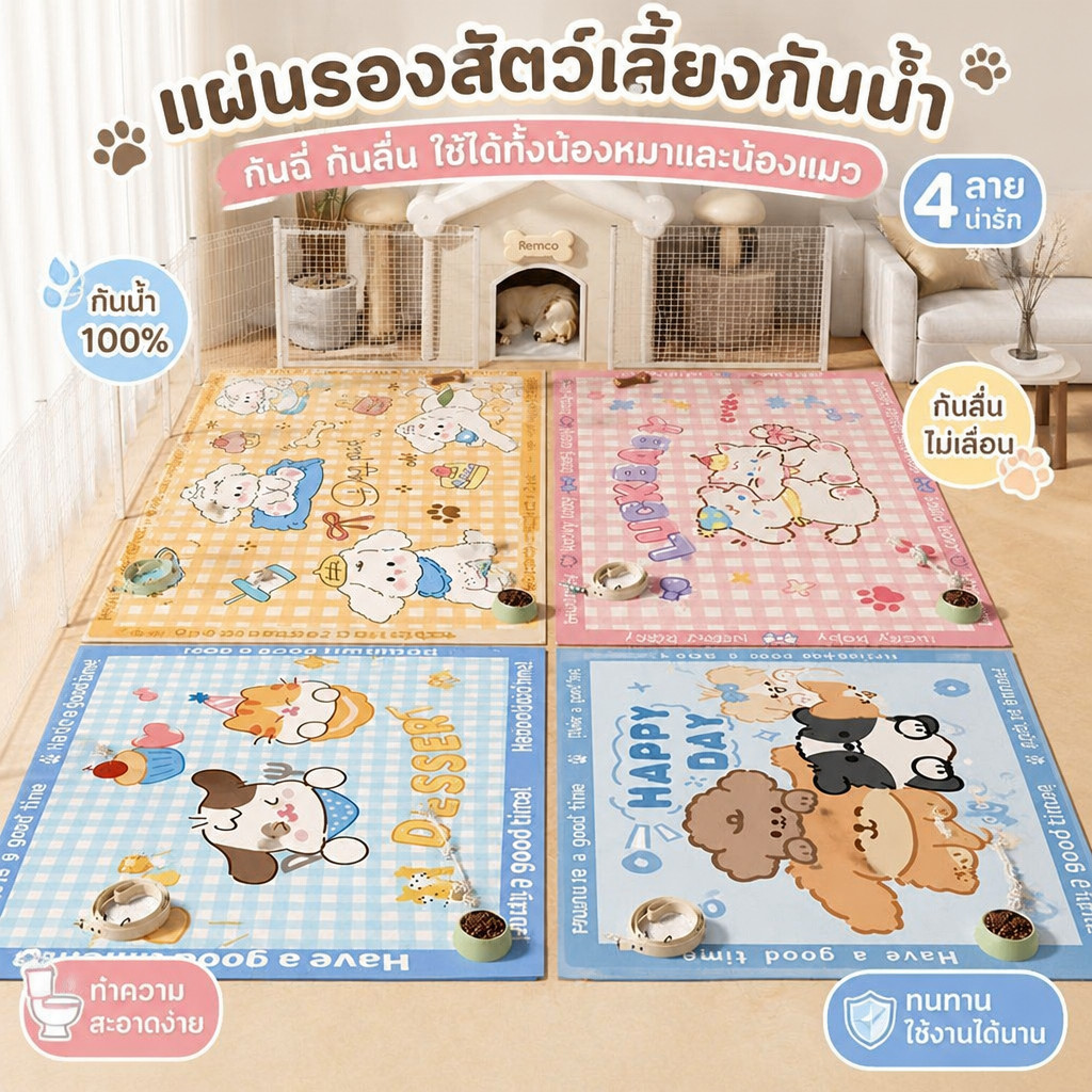 พรมรองฉี่สัตว์เลี้ยง กันน้ำ กันลื่น พรมปูพื้นสุนัขแมว วัสดุพีวีซี ตัดได้ ลายการ์ตูน 120x80