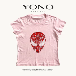 (พร้อมส่ง24ชม.) YONO baby tee สีดำ ลายหน้ากากสีแดงพร้อมข้อความกราฟิก ทรงเข้ารูป สตรีท y2k