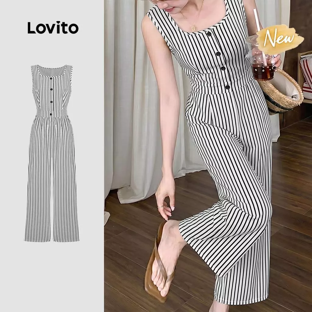 (New Arrival) Lovito จั๊มสูทลําลองผู้หญิง ดีไซน์ผูกเอวแบบเดรป ติดกระดุม สไตล์ขาวดํา เหมาะสําหรับฤดูใบไม้ผลิและฤดูร้อน JRB198P1D237