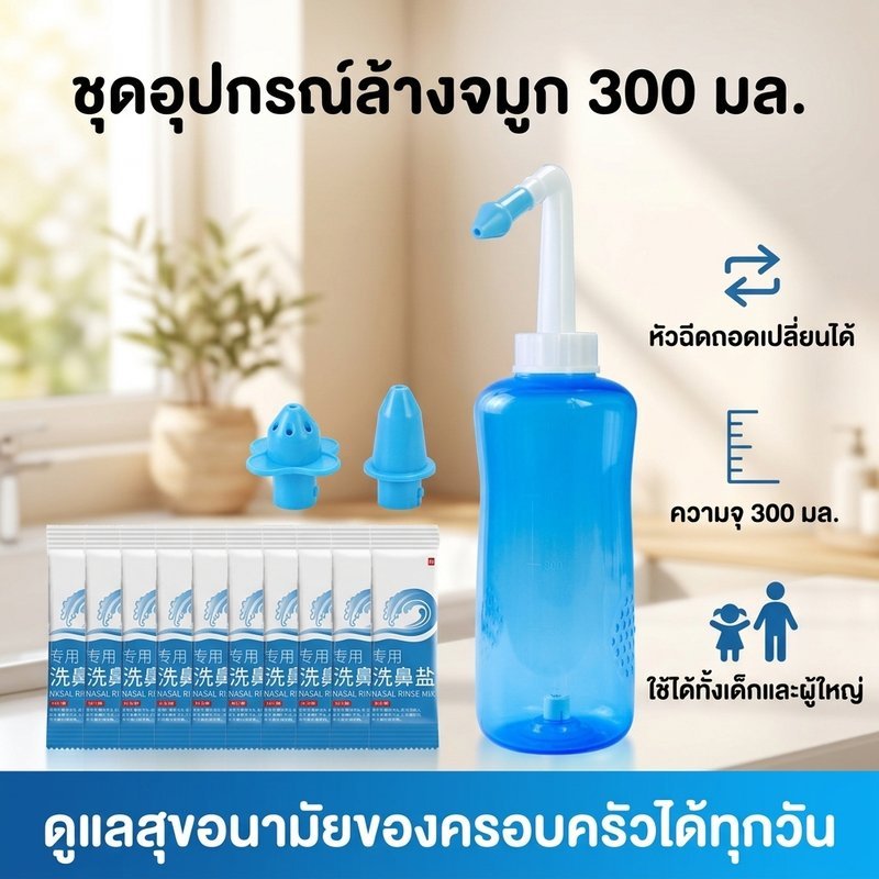 ขวดล้างจมูก 300 มล. โพลีเมอร์เกรดอาหารไม่รั่วออกแบบเปลี่ยนหัวฉีดจับง่าย