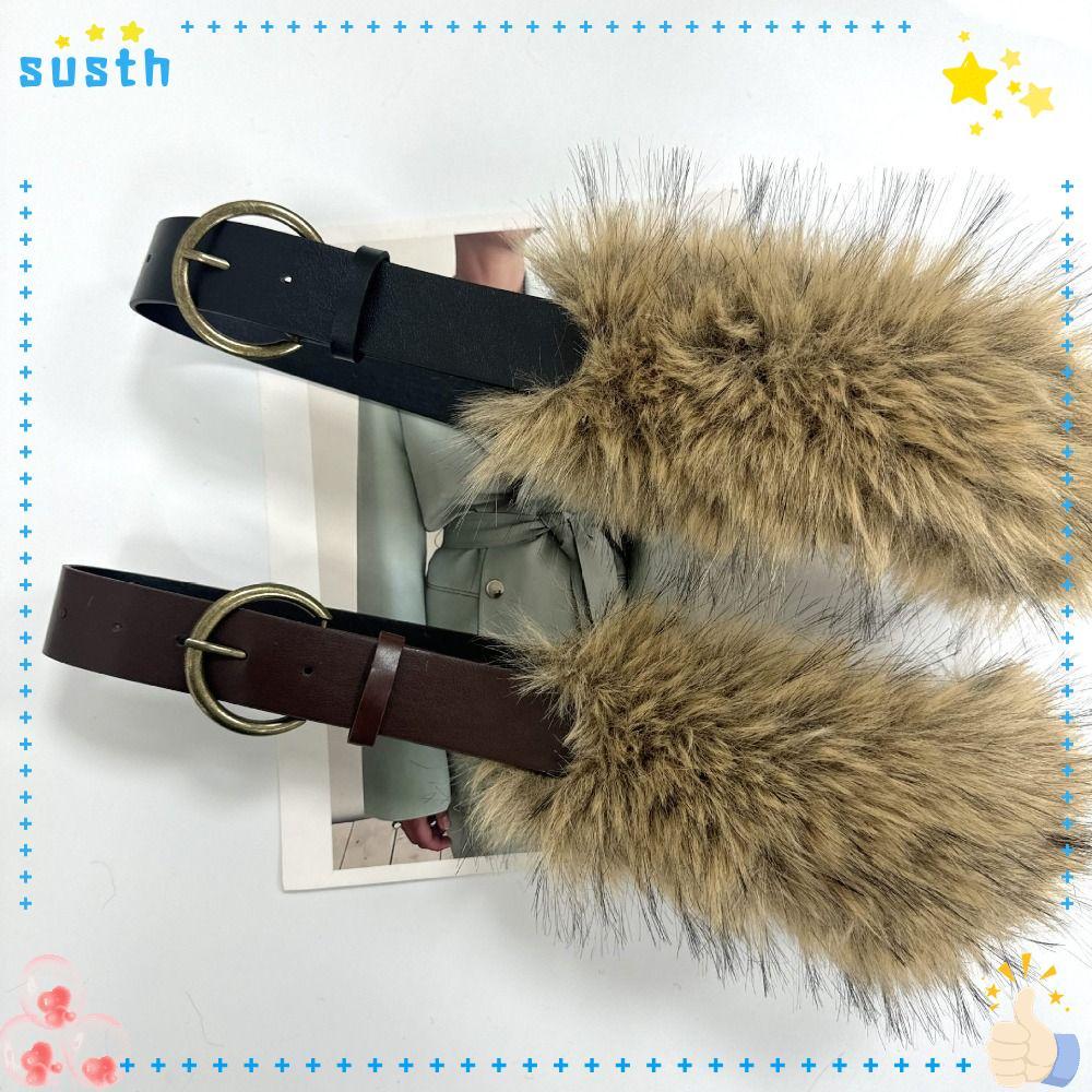 SUSTH Plush Furry Splicing เข็มขัด, Punk อินเทรนด์ออกแบบ Faux Fur เข็มขัด, Vintage All-match Y2K เข็มขัดเอวผู้หญิงแฟชั่น