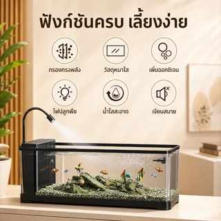 COD ตู้ปลาเชิงนิเวศน์ตั้งโต๊ะ 24นิ้ว กรองซ่อน น้ำตกใส ไฟLED อะคริลิกใสสูง มีฝาปิด ชุดตกแต่งครบ เหมาะสำหรับมือใหม่