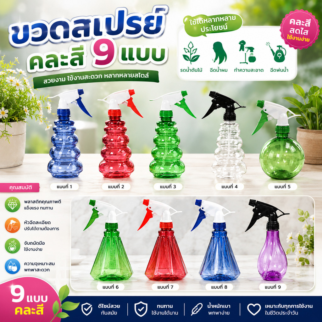 โหล12 ขวดสเปรย์ คละสี 9 แบบ 350 - 400 ml