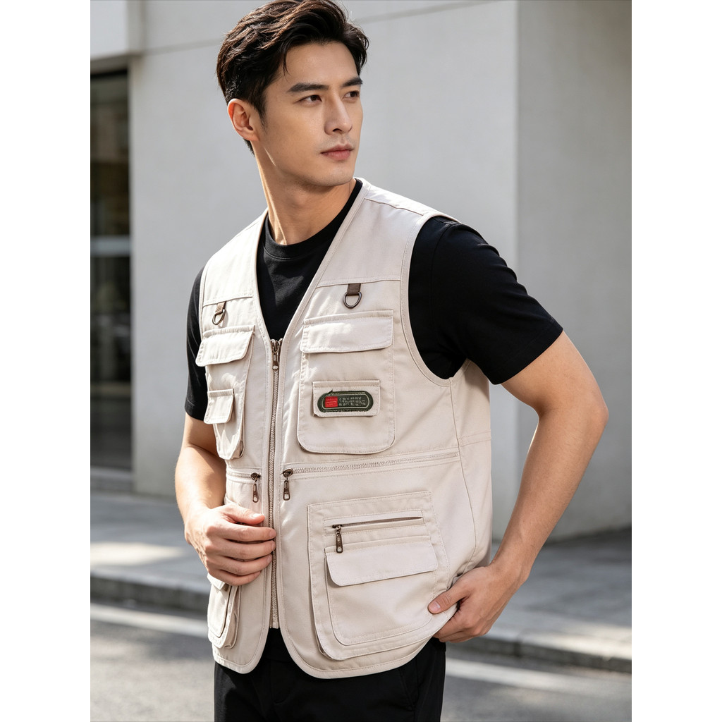 เสื้อกั๊กตกปลาหลายกระเป๋าสําหรับผู้ชายการถ่ายภาพกลางแจ้งแขนกุดซิปแจ็คเก็ตเสื้อกั๊กทํางาน