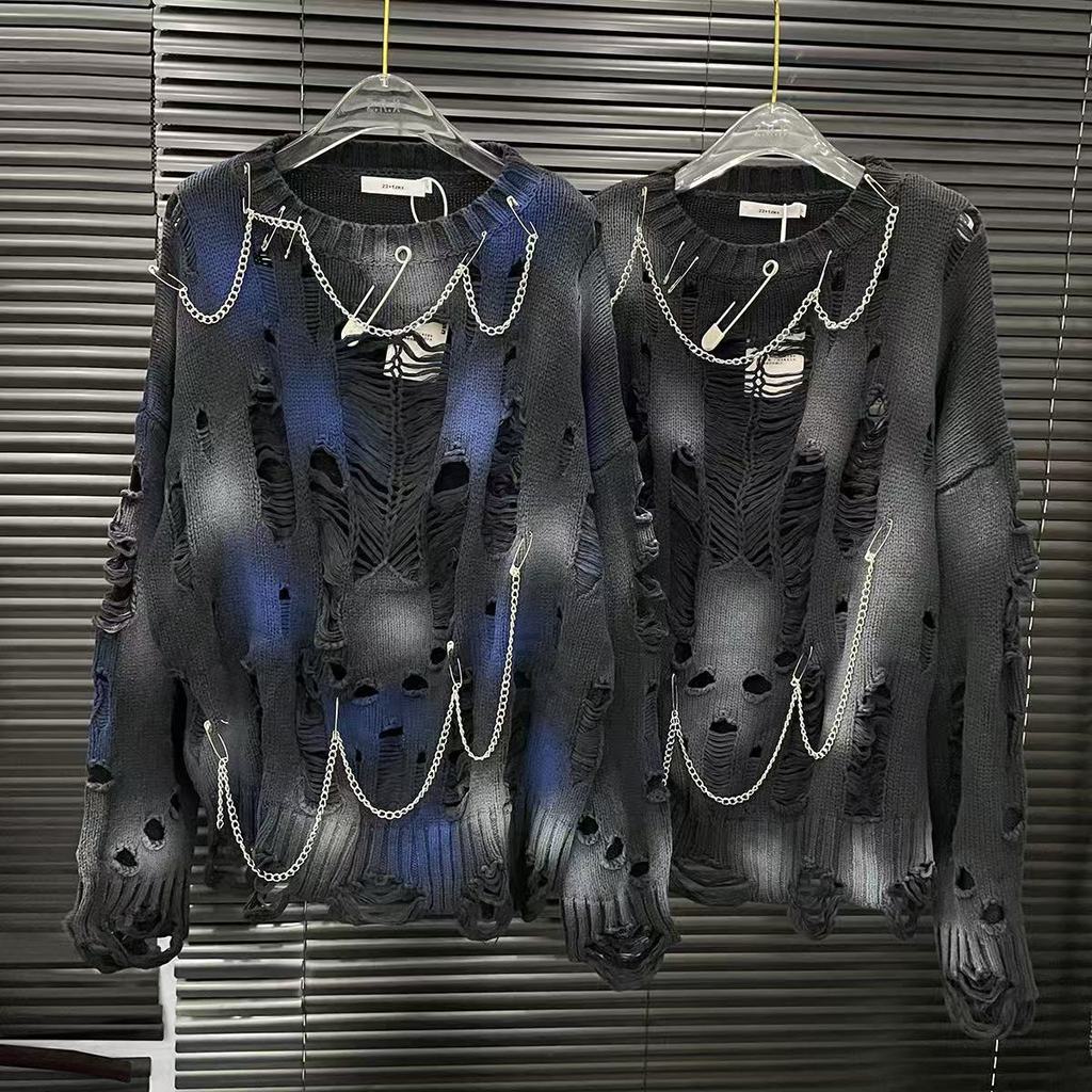 P33I 2026 ฤดูใบไม้ร่วงสไตล์ใหม่ Niche Design Heavy Industry Ripped Chain เสื้อกันหนาวหลวม All-Match 