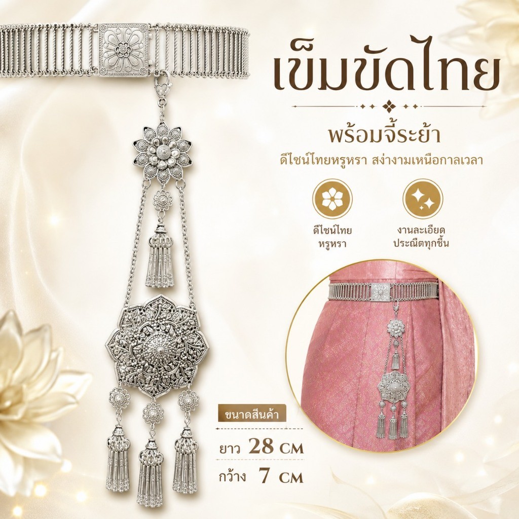 ที่ห้อยเข็มขัดชุดไทย จี้ห้อยเอวลายดอกไม้ พู่ 3 ชาย สีทอง เงิน เงินรมดำ