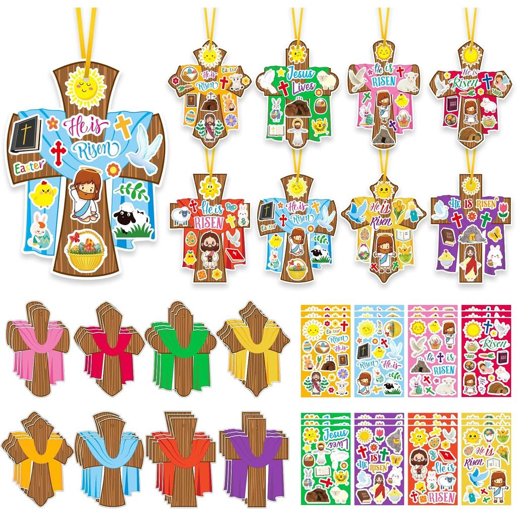 YVAINE 24 Pack ศาสนาฉากอีสเตอร์สติกเกอร์ Make Your Own Christian Cross DIY Craft ชุดเครื่องประดับเขา