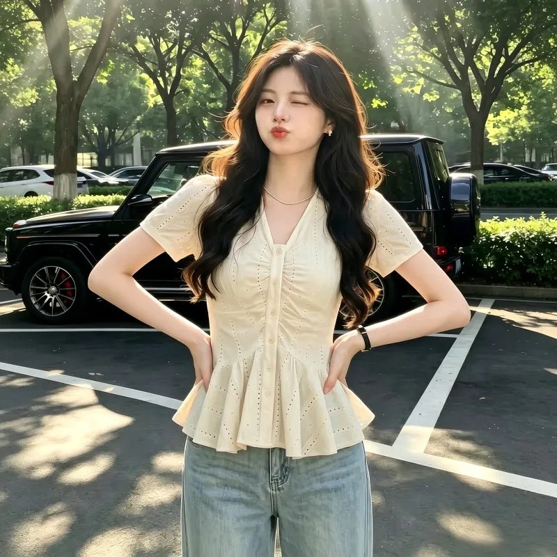 XUHENJIAN ชุดเข็มภาษาฝรั่งเศสคํา V คอ Camisole 2026 ฤดูร้อน Hollow เสื้อแคบ-เอว Slimmer ดูหลวม All-M