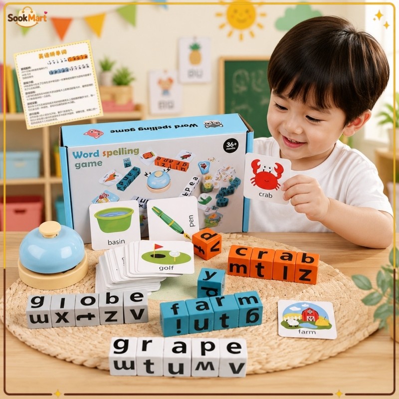 SookMart การ์ดเกมสะกดคำภาษาอังกฤษ มอนเตสซอรี่ ของเล่นเสริมการเรียนรู้ ฝึกพัฒนาการเด็ก