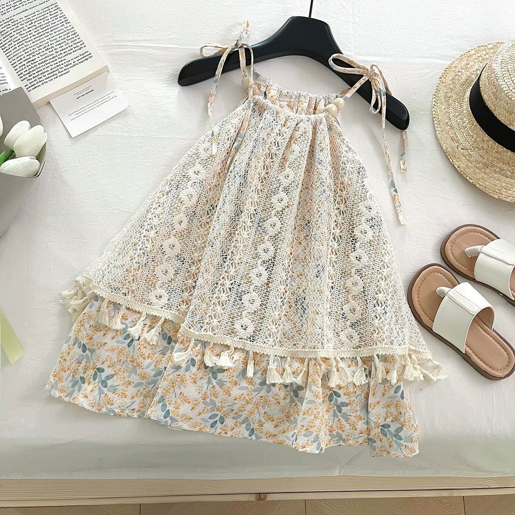 Pippikids-A435 เด็ก Bohemian Halter Sundress สาวลูกไม้ Overlay พู่ตกแต่งดอกไม้พิมพ์แขนกุดชุดฤดูร้อน