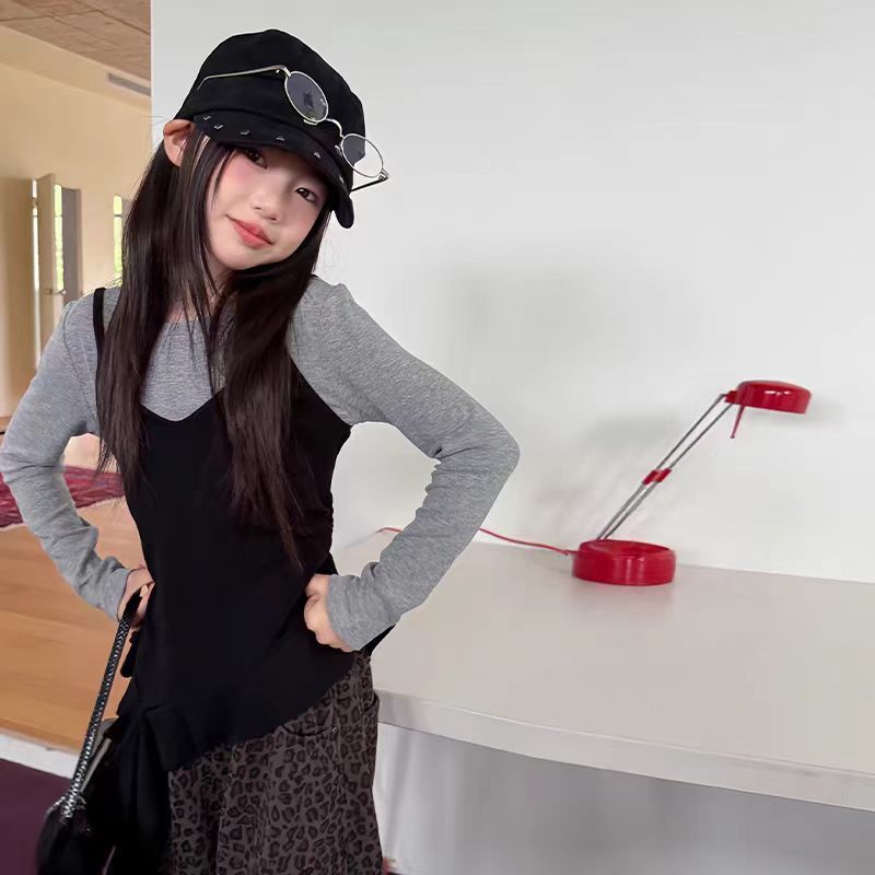 เสื้อยืดแขนยาวสองชิ้นปลอมสาวเกาหลีฤดูใบไม้ร่วง 5-14 ปี