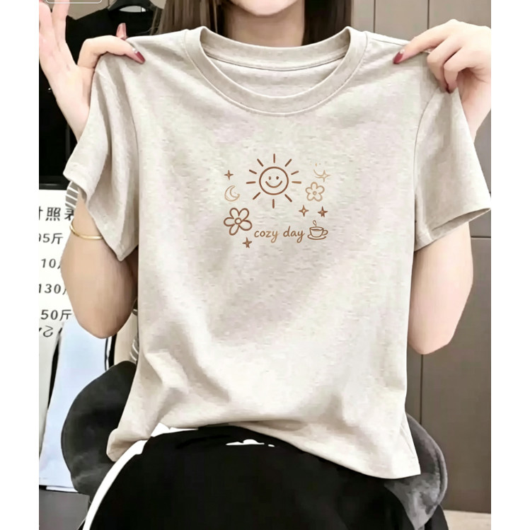 เสื้อยืดผู้หญิงทรงหลวม ผ้าฝ้ายแท้ คอกลมแขนสั้น ลายพิมพ์ข้อความเรียบง่าย ใส่สบาย สไตล์เกาหลี