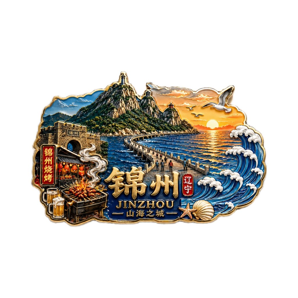 Liaoning Jinzhou Theme Cultural Creative โลหะแม่เหล็กตู้เย็นสติกเกอร์การท่องเที่ยวเมืองอุปกรณ์ต่อพ่ว