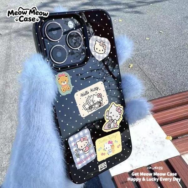 เคสโทรศัพท์ KT ลายจุดน่ารัก ลูกแมว เคลือบเงา สำหรับ iPhone 13 14 15 16 17 Pro Max 14/15/16 Plus 7 Plus Xs Max XR