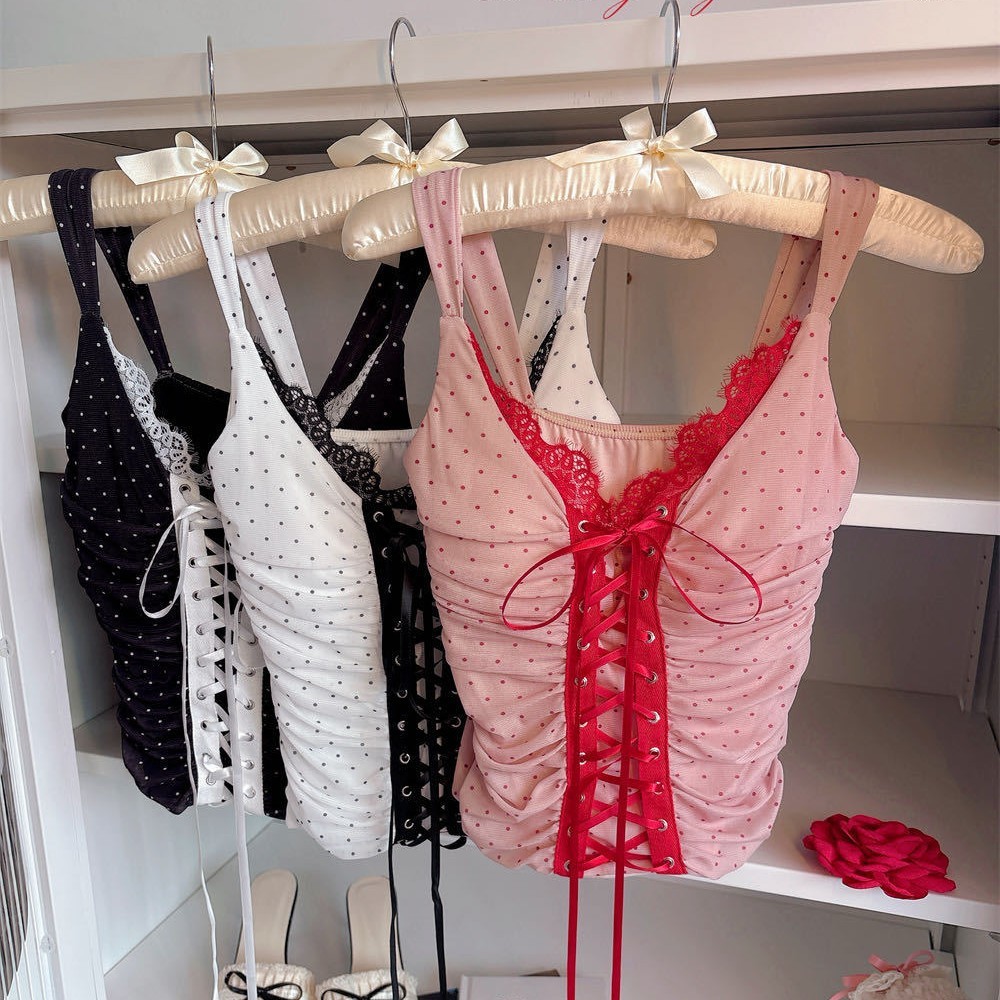 ผู้หญิงs ลูกไม้ Polka Dot สไตล์ V คอในตัว Bra สายเผ็ดแขนกุด Top